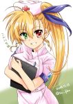  1girl blonde_hair breasts clipboard dated dress eyebrows_visible_through_hair green_eyes grin hair_ribbon hat heterochromia holding holding_clipboard light_blush long_hair looking_at_viewer lyrical_nanoha mahou_shoujo_lyrical_nanoha_vivid medium_breasts nurse_cap older pen pink_dress pink_headwear red_cross red_eyes ribbon san-pon short_sleeves side_ponytail smile standing twitter_username upper_body very_long_hair vivio 