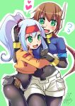  2girls aile arm_around_back arms_around_waist ashe_(rockman) bangs belt blue_hair blush bodysuit breasts brown_hair cropped_jacket green_background green_eyes hair_between_eyes hand_on_another&#039;s_head headband heart high_ponytail highres hug long_hair multiple_girls navel open_mouth ponytail robot_ears rockman rockman_zx rockman_zx_advent sano_akira shorts simple_background smile spoken_heart white_shorts yuri 