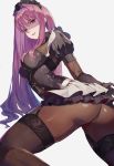  1girl all_fours ass bodysuit breasts fate/grand_order fate_(series) garter_straps hair_intakes headdress highres long_hair looking_at_viewer purple_eyes purple_hair scathach_(fate)_(all) scathach_(fate/grand_order) sidelocks skindentation solo thighhighs vic 