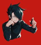  1boy 8c bishop_(chess) black_eyes black_hair black_sweater chess_piece cropped_torso grin hair_over_one_eye holding long_sleeves male_focus ray_(yakusoku_no_neverland) red_background shiny shiny_hair simple_background smile solo sweater yakusoku_no_neverland 