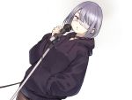  1girl black_choker chestnut_mouth choker dutch_angle ear_piercing eyepatch grey_hair hand_in_pocket highres holding holding_microphone looking_at_viewer microphone microphone_stand miya9 original pantyhose piercing purple_eyes short_hair simple_background solo standing white_background 