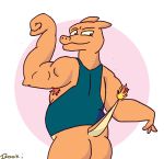  2019 armpit_hair biceps bottomless butt charizard clothed clothing el_booki fire grin hi_res looking_back male musclegut muscular nintendo pok&eacute;mon pok&eacute;mon_(species) smile solo standing video_games 