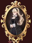  1girl absurdres black_dress breasts corrin_(fire_emblem) corrin_(fire_emblem)_(female) dress fire_emblem fire_emblem_fates hair_between_eyes hair_ornament hairband highres long_hair mamkute pointy_ears portrait red_eyes sarukaiwolf silver_hair simple_background solo 