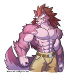  2019 abs anthro belt biceps bottomwear canid canine canis clothed clothing digital_media_(artwork) fur hair hi_res male mammal muscular muscular_male pecs simple_background solo topless wolf wolfmalro 