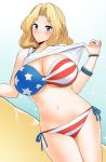  1girl american_flag_bikini arm_support bikini blonde_hair blue_eyes blush bracelet breasts cleavage closed_mouth flag_print girls_und_panzer hair_intakes head jewelry kay_(girls_und_panzer) large_breasts leaning_to_the_side lifted_by_self long_hair looking_at_viewer navel sasaki_tatsuya shirt shirt_lift side-tie_bikini smirk solo sparkle standing swimsuit tank_top thighs white_shirt 