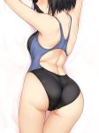  1girl amagami arched_back armpits arms_up ass back back_cutout bed_sheet black_hair black_swimsuit blush breasts closed_mouth competition_swimsuit cowboy_shot dakimakura from_above from_behind harukon_(halcon) lying nanasaki_ai on_stomach one-piece_swimsuit short_hair small_breasts smile solo swimsuit thigh_gap top-down_bottom-up 