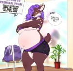  2019 anthro belly big_belly bottomwear breasts cervid cervine cherrikissu cleavage clothed clothing english_text female hair mammal pregnant purple_hair shorts solo surprise text under_boob undressing 