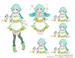  1girl :d :| apron aqua_wings artist_name blue_eyes closed_mouth dated green_hair green_legwear green_skirt multiple_views nanase_miri official_art open_mouth pink_pupils short_hair simple_background skirt smile symbol-shaped_pupils thighhighs watering_can white_background wings 