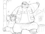  2019 anthro armor belly bottomwear clothing duo felid headgear helmet humanoid_hands japanese_text male mammal outside overweight overweight_male pantherine pants shirt text tiger topwear ursid wantaro 