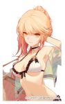  1girl arm_up armpits ask_(askzy) bikini blonde_hair breasts choker cleavage cropped_jacket front-tie_bikini front-tie_top girls_frontline hand_in_hair jacket long_hair looking_at_viewer medium_breasts multicolored_hair navel off_shoulder open_clothes open_jacket ots-14_(girls_frontline) pink_hair ponytail side-tie_bikini simple_background solo swimsuit two-tone_hair white_background yellow_eyes 