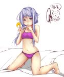  1girl artist_name blush bra closed_mouth eyebrows_visible_through_hair kantai_collection navel on_bed panties purple_bra purple_hair purple_panties rizzl short_hair_with_long_locks simple_background sitting sitting_on_bed solo underwear white_background yayoi_(kantai_collection) 