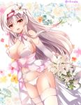  1girl :d areola_slip areolae bare_shoulders bouquet breasts brown_eyes cameltoe center_opening cleavage commentary_request cowboy_shot dress elbow_gloves flower garter_belt gloves groin hair_flower hair_ornament headband holding holding_bouquet ichiyou_moka kantai_collection large_breasts long_hair looking_at_viewer navel no_bra open_mouth panties shoukaku_(kantai_collection) smile solo stomach thighhighs thighs twitter_username underwear wedding_dress white_dress white_flower white_gloves white_hair white_legwear white_panties 