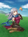  1girl bangle bare_shoulders bird black_gloves black_legwear blue_scarf boots bracelet cloud cloudy_sky dress elbow_gloves fingerless_gloves fire_emblem fire_emblem:_radiant_dawn gloves grass hair_ribbon half_updo highres image_sample jewelry micaiah nmuzms outdoors ribbon scarf side_slit silver_hair sitting sky sleeveless sleeveless_dress smile solo twitter_sample wind wind_lift yellow_eyes yune 