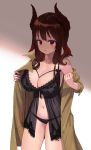  1girl absurdres babydoll bare_shoulders black_panties breasts brown_coat brown_hair cleavage coat collarbone commission cowboy_shot gradient_hair highres horns jjeono lace_trim large_breasts lingerie long_hair long_sleeves looking_at_viewer multicolored_hair navel off_shoulder open_clothes open_coat original panties parted_lips red_eyes solo standing stomach thighs underwear wing_collar 