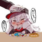  2girls azur_lane bangs black_headwear cape closed_eyes collared_shirt commentary_request crying cup eating fish fork fur-trimmed_cape fur_trim graf_zeppelin_(azur_lane) hair_between_eyes hand_on_another&#039;s_head hat highres holding holding_fork horoyuki_(gumizoku) long_sleeves military_hat multiple_girls petting shirt silver_hair sitting table tears translation_request zeppelin-chan_(azur_lane) 