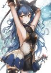  1girl animal_ears armpits arms_up black_legwear blue_hair blue_skirt breasts brown_gloves cowboy_shot curly_hair elbow_gloves ferry_(granblue_fantasy) floating_hair frilled_gloves frills gloves granblue_fantasy hair_between_eyes highres long_hair looking_at_viewer medium_breasts miniskirt open_mouth pleated_skirt sheath sheathed shiny shiny_hair sideboob skirt solo standing sword thighhighs tsyn two-tone_skirt very_long_hair weapon white_background white_skirt yellow_eyes zettai_ryouiki 