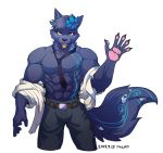  2019 abs anthro belt biceps bottomwear canid canine clothing digital_media_(artwork) fur hair hi_res male mammal muscular muscular_male pants pecs simple_background solo wolfmalro 