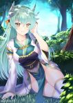  1girl aqua_hair artist_name bangs blurry blurry_background bush butter-t collarbone commentary_request day depth_of_field dragon_horns fate/grand_order fate_(series) forest gold_trim grass hair_between_eyes hand_up horns japanese_clothes kiyohime_(fate/grand_order) long_hair long_sleeves looking_at_viewer multiple_horns nature no_panties obi outdoors parted_lips pelvic_curtain sash sitting skindentation smile solo thighhighs tree twitter_username white_legwear wide_sleeves yellow_eyes yokozuwari 