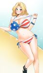  1girl american_flag_bikini arm_support bikini black_footwear blonde_hair blue_eyes blush bracelet breasts cleavage closed_mouth commentary derivative_work flag_print girls_und_panzer hair_intakes head jewelry kay_(girls_und_panzer) large_breasts leaning_to_the_side legs lifted_by_self long_hair looking_at_viewer navel sasaki_tatsuya shirt shirt_lift shoes side-tie_bikini smirk solo sparkle standing swimsuit tank_top white_shirt 