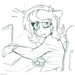  1:1 2019 anthro black_and_white blush bodily_fluids chair clothed clothing computer crying digital_drawing_(artwork) digital_media_(artwork) earth_pony equid equine female hair holding_object horse laptop long_hair mammal monochrome my_little_pony pony sad signature sitting sketch skoon solo sweater tears topwear translucent translucent_hair 