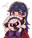  black_cape blue_eyes blue_hair cape fingerless_gloves fire_emblem gloves highres hug kirby_(series) looking_at_another lucina mask meta_knight nacooo23 pauldrons red_cape sparkle super_smash_bros. sweat tiara white_mittens yellow_eyes 