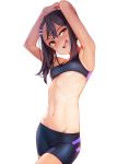  1girl :d absurdres armpits arms_up ataruman bike_shorts black_hair blush breasts commentary_request fang gesugao groin hair_ornament hairclip highres ijiranaide_nagatoro-san long_hair looking_at_viewer nagatoro navel one-piece_tan open_mouth orange_eyes simple_background skin_fang small_breasts smile solo sports_bra stomach sweat tan tanline uneven_eyes white_background 