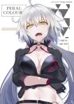  1girl ahoge bangs belt bikini black_bikini black_choker black_gloves black_jacket breasts choker cleavage cropped_jacket crossed_arms fate/grand_order fate_(series) gloves hair_between_eyes jacket jeanne_d&#039;arc_(alter_swimsuit_berserker) jeanne_d&#039;arc_(fate)_(all) kakumayu large_breasts long_hair navel o-ring o-ring_bikini open_mouth shrug_(clothing) silver_hair solo swimsuit very_long_hair white_background yellow_eyes 