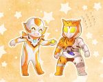  2girls body_armor candy chibi color_connection flying_sweatdrops food kamen_rider_01_(series) kamen_rider_valkyrie multiple_girls orange_background outline patterned_background peachpig star starry_background trait_connection ultra_series ultraman_r/b ultrawoman_grigio white_outline 