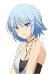  1girl alternate_hair_length alternate_hairstyle blue_eyes blue_hair breasts cleavage closed_mouth collarbone eyebrows_visible_through_hair hair_between_eyes hair_ornament jewelry looking_at_viewer medium_breasts necklace rimuru_tempest rizuta shiny shiny_hair shiny_skin short_hair simple_background sleeveless smile solo tensei_shitara_slime_datta_ken upper_body white_background 