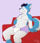  4_fingers anthro blue_fur blue_hair canid canine canis diaper domestic_dog fingers fur green_eyes hair husky iztli male mammal multicolored_fur navel nordic_sled_dog sitting slightly_chubby sofa solo spitz two_tone_fur white_fur 