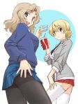  2girls bangs black_legwear black_neckwear blazer blonde_hair blouse blue_eyes blue_skirt blue_sweater braid closed_mouth collared_blouse commentary cosplay costume_switch cup darjeeling disposable_cup dress_shirt drinking_straw eyebrows_visible_through_hair from_side girls_und_panzer grey_jacket hair_intakes hand_on_hip hand_on_own_thigh holding holding_cup jacket kay_(girls_und_panzer) lifted_by_self light_blush long_hair long_sleeves looking_at_viewer looking_back miniskirt multiple_girls necktie open_clothes open_jacket open_mouth pantyhose pleated_skirt red_skirt saunders_school_uniform school_uniform shirt short_hair skirt skirt_lift sleeves_rolled_up smile st._gloriana&#039;s_school_uniform standing sweater teacup thighhighs tied_hair uona_telepin v-neck white_blouse white_legwear white_shirt 