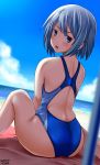  1girl artist_name ass back beach blue_hair blue_sky blue_swimsuit blush breasts cloud collarbone competition_swimsuit cowboy_shot dated eyebrows_visible_through_hair hair_between_eyes hairband highres long_hair looking_at_viewer looking_back mahou_shoujo_madoka_magica miki_sayaka one-piece_swimsuit open_mouth parasol sand short_hair sitting sky small_breasts solo swimsuit towel tsuchimiya umbrella water 