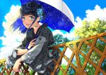  1girl :d black_hair blue_sky blurry blurry_background blush braid cloud cloudy_sky commentary_request crescent crescent_earrings day depth_of_field earrings fence fingernails green_eyes grey_kimono hair_ornament holding holding_umbrella japanese_clothes jewelry kimono long_hair long_sleeves looking_at_viewer miyabi_akino open_mouth original outdoors round_teeth sidelocks sky smile solo teeth tree umbrella upper_teeth white_umbrella wide_sleeves yukata 