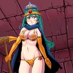  animal animal_on_head bikini blush breasts cape circlet dragon_quest dragon_quest_iii elbow_gloves gloves green_hair long_hair magic_bikini_(dq) masao medium_breasts navel on_head sage_(dq3) slime_(dragon_quest) solo staff swimsuit tears 