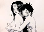  1girl black_hair boa_hancock breast_grab breasts curvy grabbing large_breasts long_hair monkey_d_luffy nude one_piece smile 