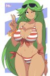  bigdead93 bikini bracelet breasts cleavage dark_skin green_eyes green_hair jewelry kid_icarus large_breasts long_hair midriff milf navel nintendo palutena smile solo sunglasses sunglasses_on_head super_smash_bros. swimsuit tan very_long_hair wink 