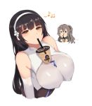  2girls anger_vein arms_at_sides bangs black_eyes black_hair blunt_bangs blush breast_envy breasts bubble_tea bubble_tea_challenge chibi chibi_inset condensation crossed_bangs cup detached_sleeves disposable_cup drinking drinking_straw eyelashes flower girls_frontline grey_hair grey_jacket hair_flower hair_ornament hairband highres hood hooded_jacket jacket large_breasts long_hair looking_at_another motion_lines multiple_girls musical_note no_bra object_on_breast open_mouth qbz-95_(girls_frontline) shah shiny shiny_hair shirt side_ponytail simple_background tareme tearing_up trembling triangle_mouth ump45_(girls_frontline) upper_body white_background white_flower white_hairband white_shirt white_sleeves 