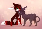  2019 ambiguous_gender black_fur black_hair brown_hair canid canine digital_media_(artwork) domestic_cat duo felid feline felis feral fox fur green_eyes hair hi_res mammal paws red_fur reysi simple_background smile teeth 