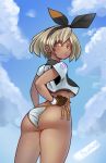  1girl artist_name ass besthetz blue_sky blush breasts commentary crop_top dark_skin day english_commentary eyebrows_visible_through_hair from_behind gloves grey_eyes grey_hair gym_leader highres looking_back medium_breasts no_bra panties pokemon pokemon_(game) pokemon_swsh saitou_(pokemon) short_hair short_sleeves side-tie_panties single_glove sky solo standing thighs underboob underwear untied untied_panties 