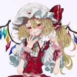  1girl bangs blonde_hair blush commentary_request crystal ears flandre_scarlet grey_background grin hair_between_eyes hands_up hat hat_ribbon head_tilt highres long_hair looking_at_viewer mob_cap nail_polish neck_ribbon pink_nails puffy_short_sleeves puffy_sleeves red_eyes red_ribbon red_skirt red_vest ribbon shirt short_sleeves side_ponytail simple_background skirt skirt_set smile solo touhou upper_body vest wabun white_headwear white_shirt wings wrist_cuffs yellow_neckwear yellow_ribbon 