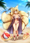  1girl :d animal_ear_fluff animal_ears ass_visible_through_thighs ball bare_shoulders beach beachball bikini blonde_hair breasts collarbone commentary_request day fang fox_ears fox_girl fox_shadow_puppet fox_tail frilled_bikini_top full_body heart heart_tail highres kayou_(sennen_sensou_aigis) large_breasts long_hair looking_at_viewer minaha_(playjoe2005) mole mole_on_breast multiple_tails navel open_mouth outdoors pink_eyes red_nails sennen_sensou_aigis side-tie_bikini skin_fang smile solo standing swimsuit tail water 