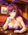  1girl animal_ears bar blurry blurry_background bow bowtie breasts bunny_ears bunny_girl bunnysuit cleavage detached_collar fake_animal_ears fate/grand_order fate_(series) highres indoors large_breasts leotard long_hair looking_at_viewer photo_(object) purple_hair red_eyes rj_xiii scathach_(fate)_(all) scathach_(fate/grand_order) signature smile solo strapless strapless_leotard wrist_cuffs 