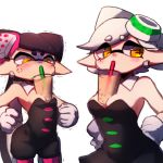  +_+ 2girls anger_vein aori_(splatoon) bangs between_breasts black_dress black_hair blush breasts brown_eyes bubble_tea_challenge cleavage cousins cup detached_collar domino_mask dress drinking drinking_glass drinking_straw earrings food food_on_head gloves green_legwear grey_hair hands_on_hips hotaru_(splatoon) jewelry long_hair looking_at_viewer mask medium_breasts mole mole_under_eye multiple_girls object_on_head pantyhose pointy_ears purple_legwear short_dress short_hair short_jumpsuit simple_background small_breasts splatoon_(series) splatoon_1 splatoon_2 standing strapless strapless_dress sushi tentacle_hair trembling very_long_hair white_background white_gloves wuju_(1198979953) 