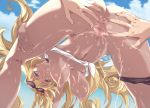  1girl akira_(coffee_curry) anus ass bent_over blonde_hair blue_eyes blush breasts censored commentary commentary_request eyewear_on_head granblue_fantasy harut_(granblue_fantasy) long_hair panties panties_around_one_leg pussy spread_anus summer sunglasses tan underwear 