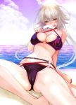  1girl absurdres ahoge beach bikini black_bikini black_choker breasts cameltoe choker cleavage cloud cloudy_sky commentary_request fate/grand_order fate_(series) food highres jeanne_d&#039;arc_(alter_swimsuit_berserker) jeanne_d&#039;arc_(fate)_(all) large_breasts long_hair o-ring o-ring_bikini o-ring_bottom o-ring_top ocean outdoors popsicle red_nails sanazura_hiroyuki silver_hair sky swimsuit tongue tongue_out tsurime white_hair yellow_eyes 