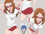  1boy 1girl :d arms_up ass bangs blue_hair breasts brown_eyes brown_hair buruma character_request collarbone collared_shirt commentary_request contrapposto eyebrows_visible_through_hair forehead glasses grey_background gym_shirt gym_uniform hair_between_eyes hand_on_hip hands_up headband holding kiratto_pri_chan leaning_forward long_hair medium_breasts multiple_views open_mouth outline parted_bangs red-framed_eyewear red_buruma shirt short_sleeves simple_background smile tonbi v-shaped_eyebrows white_outline white_shirt 
