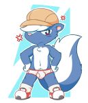  angry animal_crossing anthro bulge chest_tuft clothing footwear frown fur half-closed_eyes hat headgear headwear hi_res kicks_(animal_crossing) legwear looking_at_viewer male mammal mephitid navel nintendo oob pubes red_eyes shoes skunk socks solo standing tuft underwear video_games 