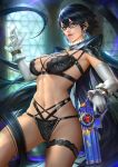  1girl absurdres bayonetta bayonetta_(character) bra breasts earrings glasses gun highres jewelry large_breasts lingerie nudtawut_thongmai paid_reward panties patreon_reward underwear weapon 