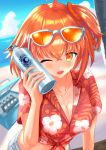  1girl ;d absurdres ahoge bangs beach blurry blurry_background blush bnags bottle breasts cleavage cloud collarbone commentary_request eyebrows_visible_through_hair fate/grand_order fate_(series) fujimaru_ritsuka_(female) glasses hair_between_eyes hair_ornament hair_scrunchie highres holding i_maken large_breasts looking_at_viewer one_eye_closed open_mouth orange_eyes orange_hair orange_scrunchie outdoors scrunchie short_hair short_sleeves shorts side_ponytail smile solo tropical_summer 