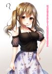  1girl ? bang_dream! bangs bare_shoulders black_shirt blush breasts brown_background brown_eyes collarbone commentary_request eyebrows_visible_through_hair floral_print gradient gradient_background hair_between_eyes hair_ornament hand_on_hip highres ichigaya_arisa light_brown_hair long_hair looking_at_viewer medium_breasts parted_lips print_skirt ramchi see-through see-through_sleeves shirt sidelocks signature skirt solo sweat translation_request twintails white_background white_skirt x_hair_ornament 